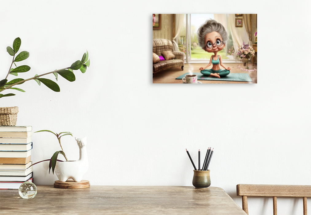 Premium Textil-Leinwand Oma macht Yoga