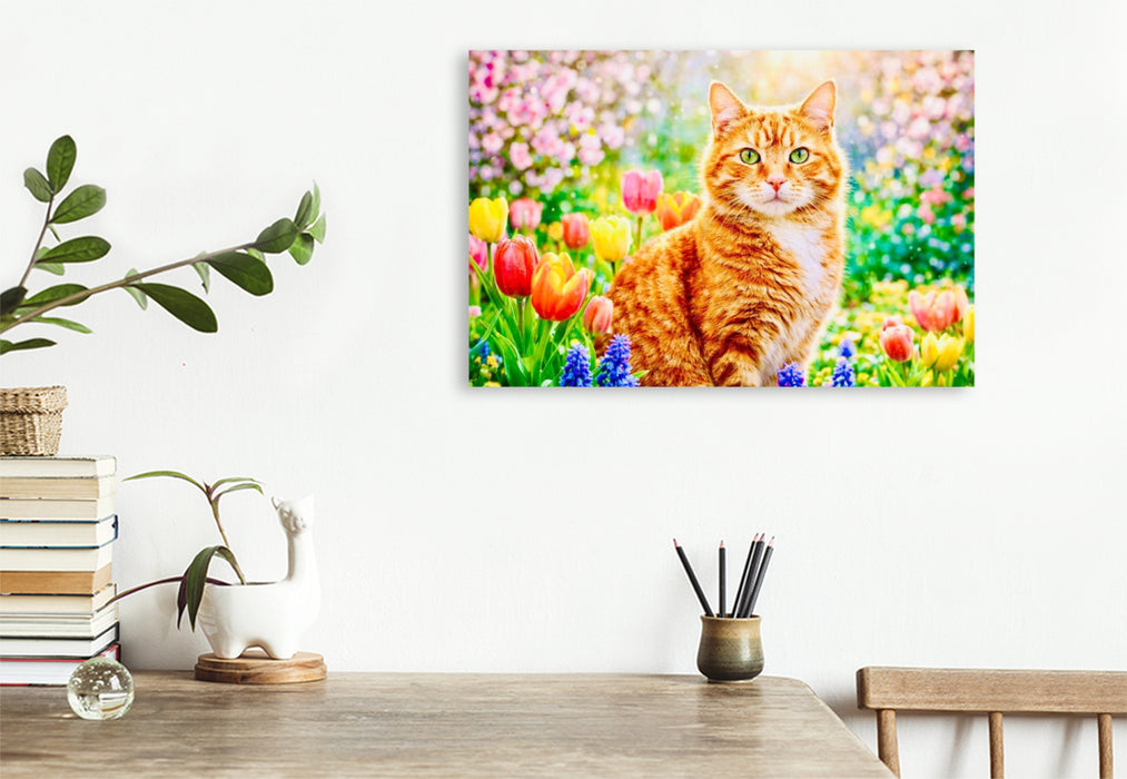 Premium Textil-Leinwand Rote Katze im sonnigen Garten