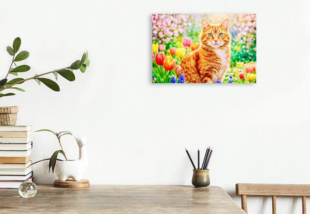 Premium Textil-Leinwand Rote Katze im sonnigen Garten