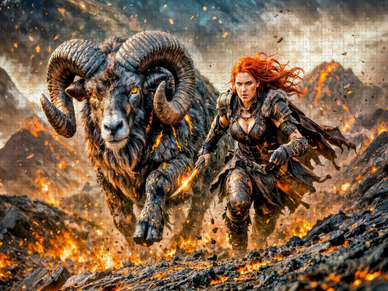 Widder - Kriegerin der Flammen mit dem Tierkreiszeichen - CALVENDO Foto-Puzzle'