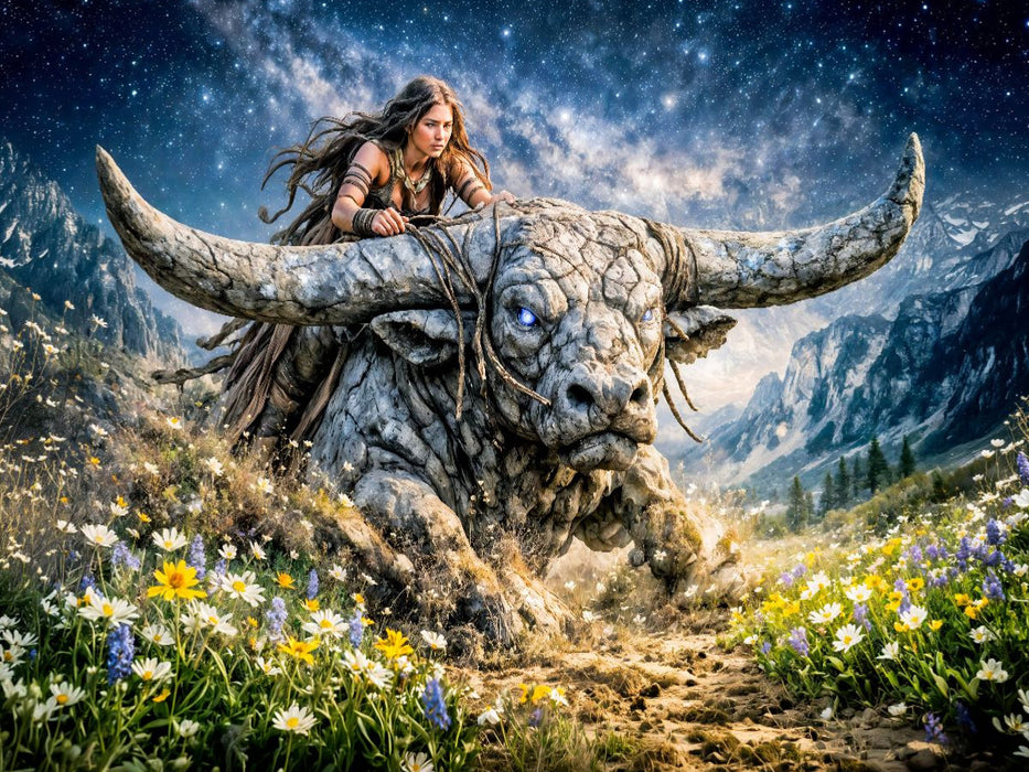 Stier - Mondreiterin über dem nächtlichen Blumental - CALVENDO Foto-Puzzle'