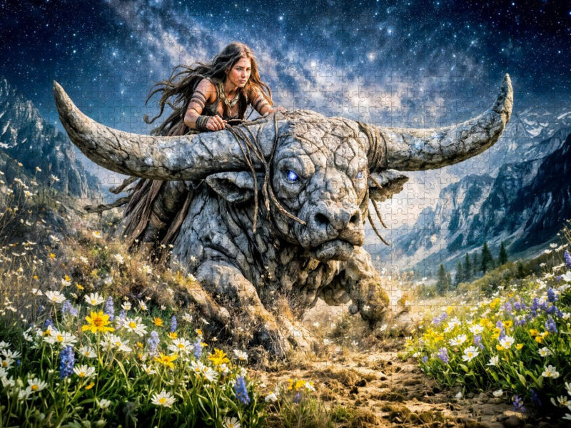 Stier - Mondreiterin über dem nächtlichen Blumental - CALVENDO Foto-Puzzle'