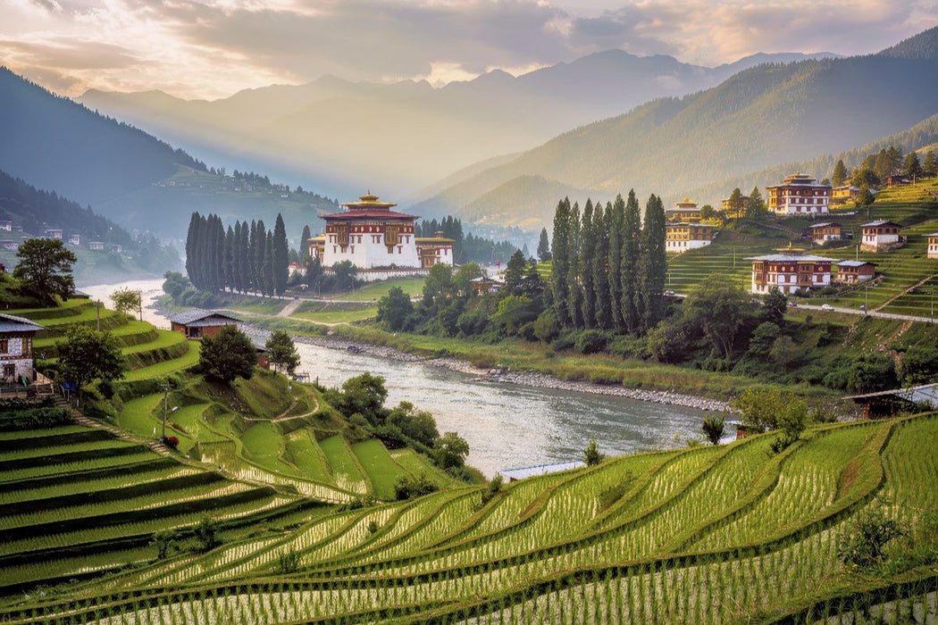 Premium Textil-Leinwand Punakha-Tal, Bhutan.