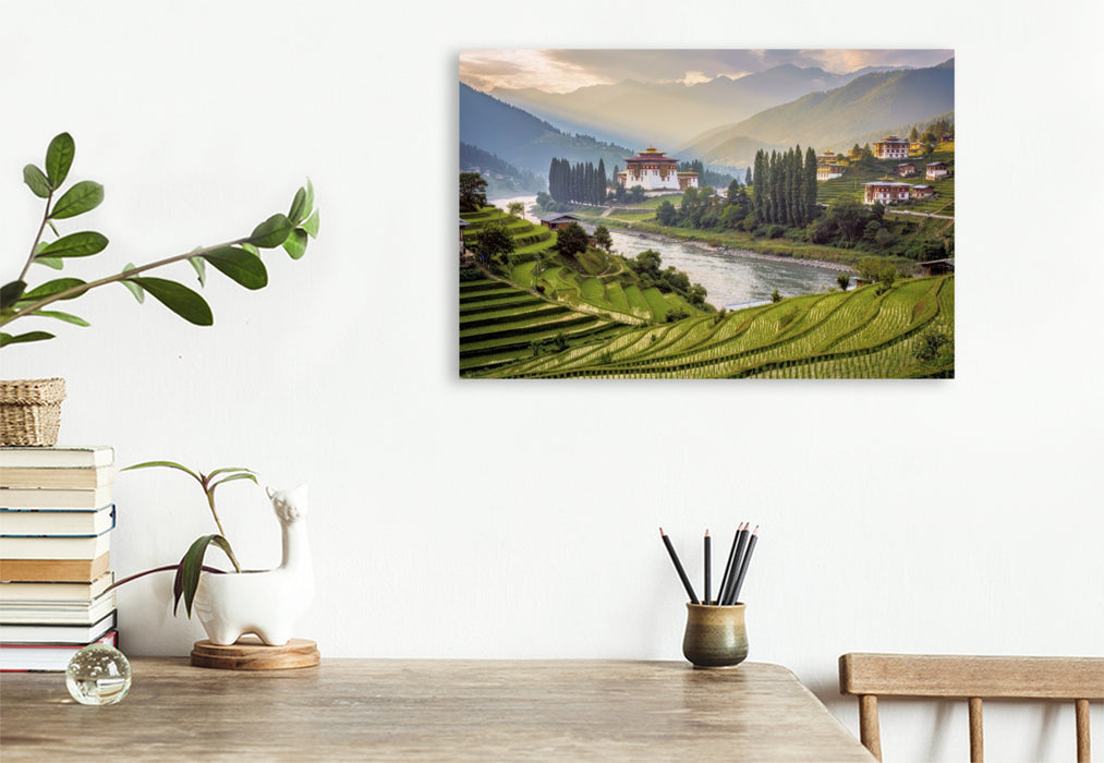 Premium Textil-Leinwand Punakha-Tal, Bhutan.