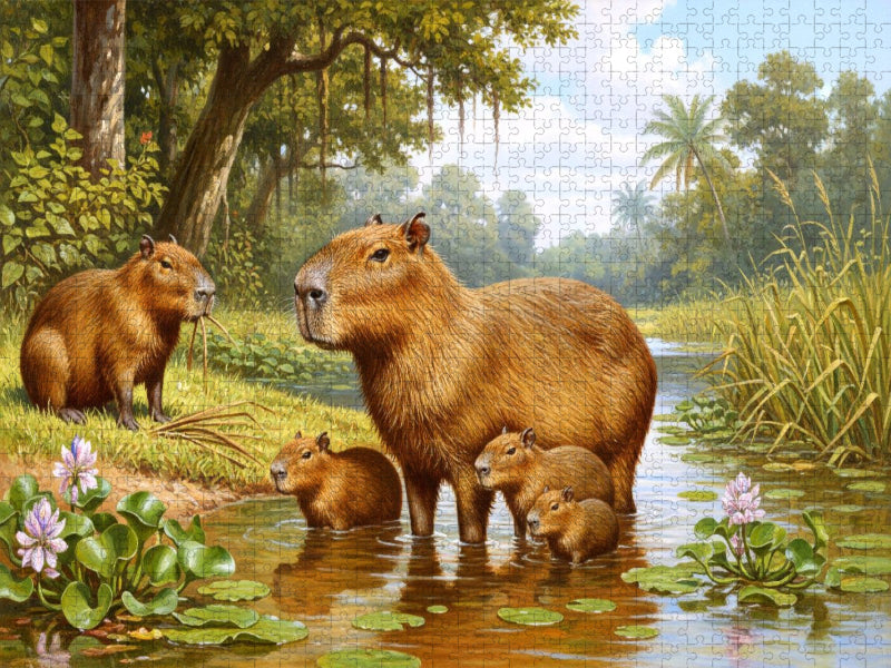 Capybara mit Jungtieren am Fluss - CALVENDO Foto-Puzzle'
