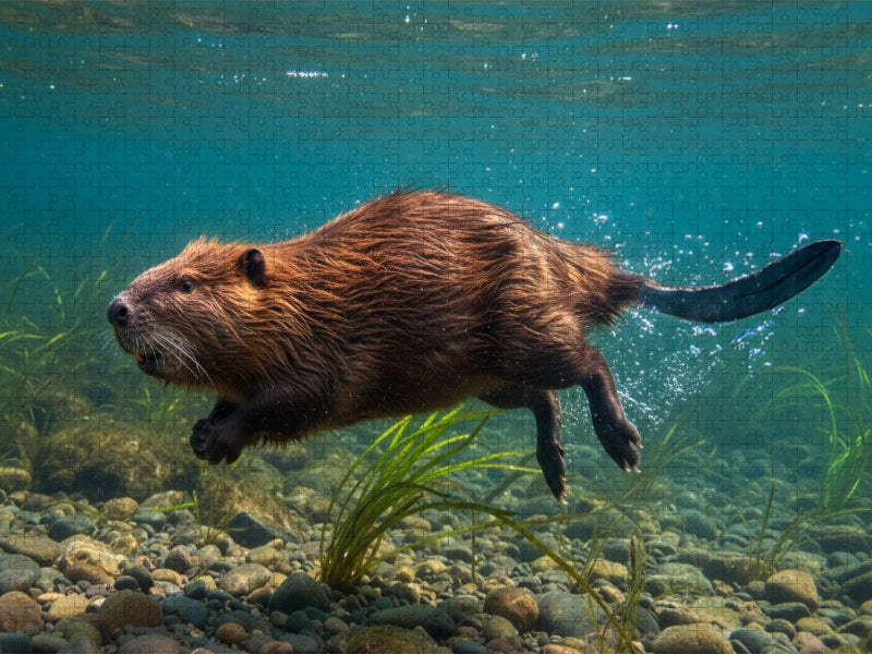 Tauchender Biber im klaren Wasser - CALVENDO Foto-Puzzle'