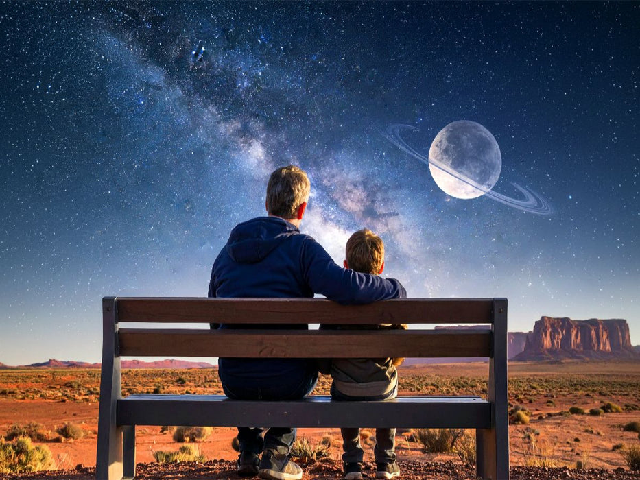 Ein Vater und sein Sohn betrachten einen fremdartigen Sternenhimmel - CALVENDO Foto-Puzzle'