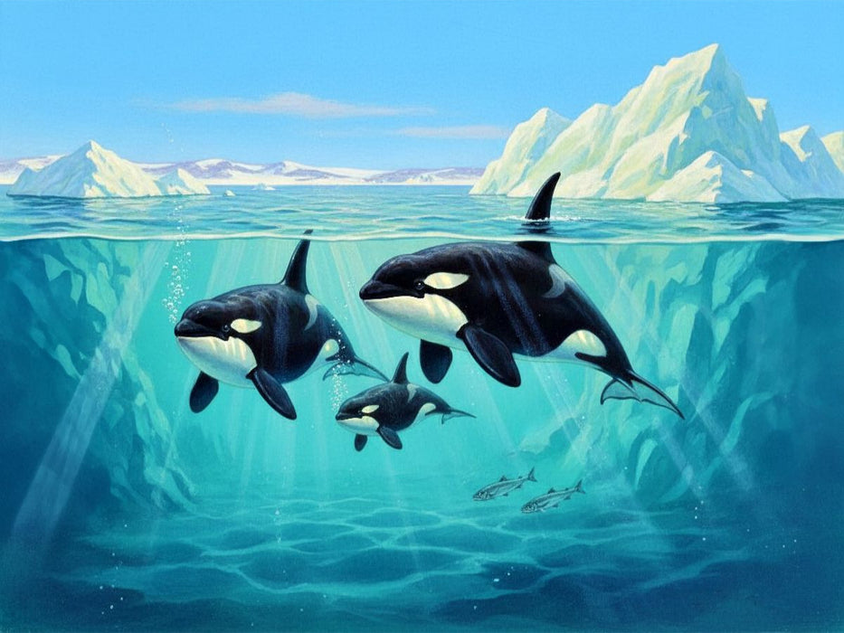 Orcas oder Killerwale mit Jungtier im arktischen Meer - CALVENDO Foto-Puzzle'