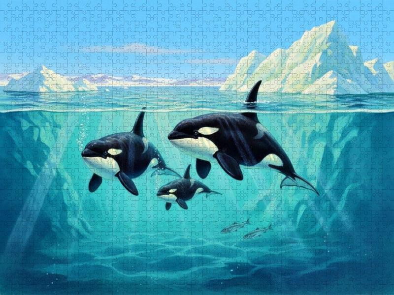 Orcas oder Killerwale mit Jungtier im arktischen Meer - CALVENDO Foto-Puzzle'