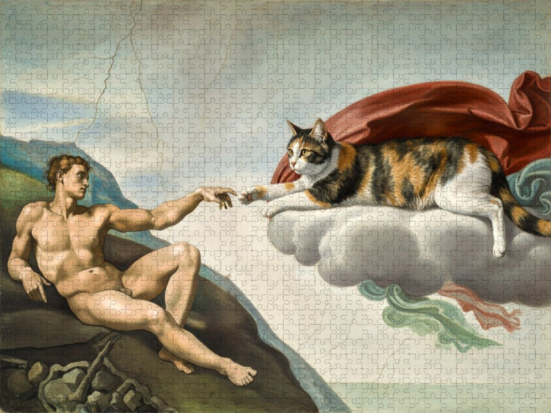Erschaffung des Dosenöffners - Michelangelo - Gemälde mit Katze - CALVENDO Foto-Puzzle'
