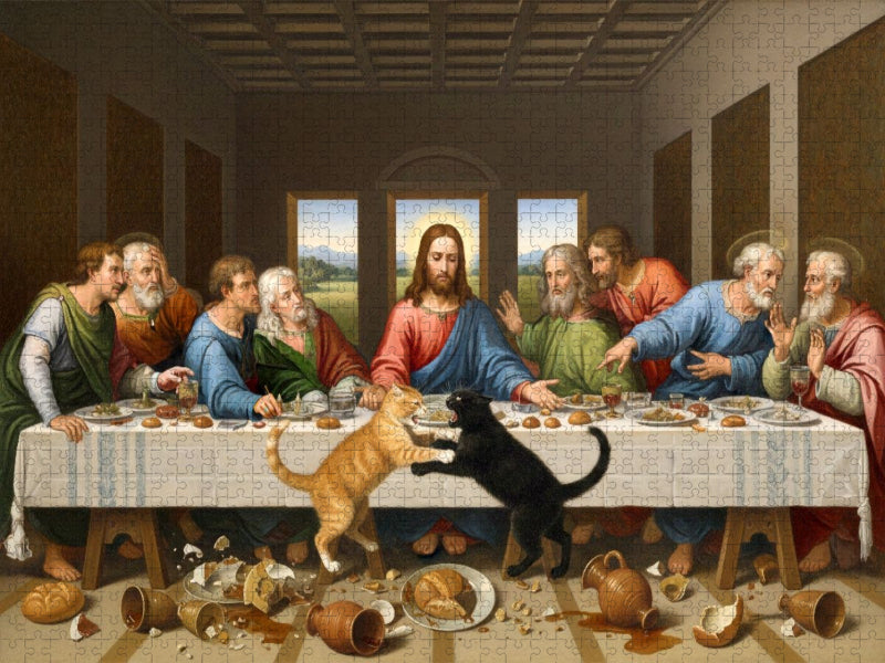 Das verrückte Abendmahl mit Katzen - da Vinci - CALVENDO Foto-Puzzle'