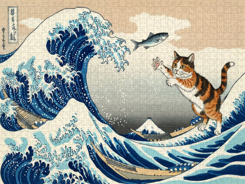 Die große Welle mit Fischen für die Katze - Hokusai - Gemälde - CALVENDO Foto-Puzzle'