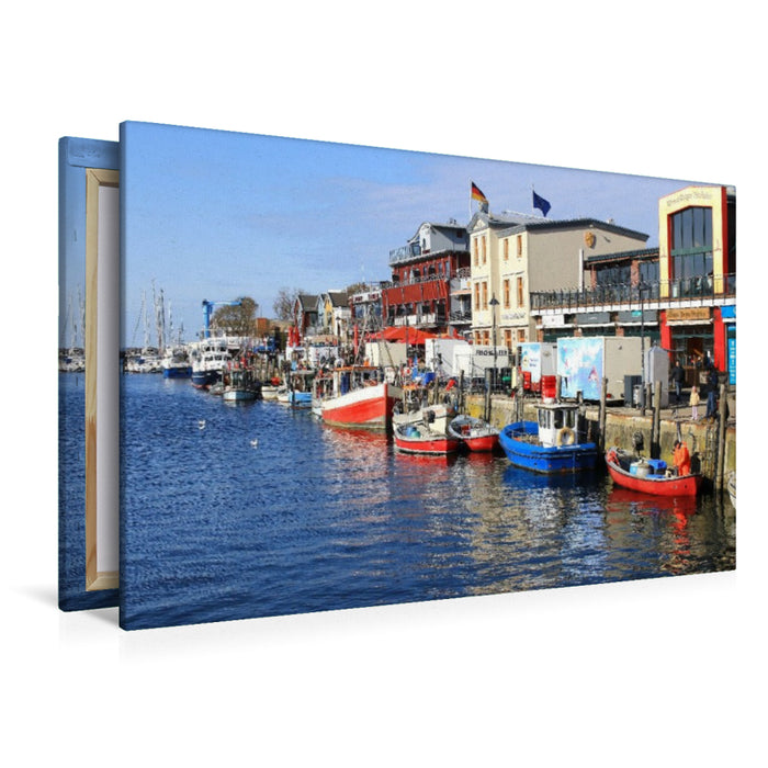 Premium Textil-Leinwand Warnemünde, Fischerboote am Alten Strom
