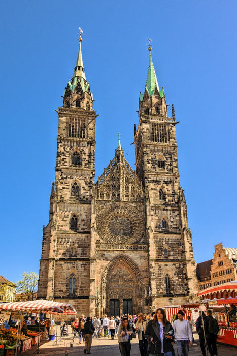 Premium Textil-Leinwand Westfassade der Lorenzkirche (St. Lorenz) mit der steinernen Rosette, Nürnberg, Bayern