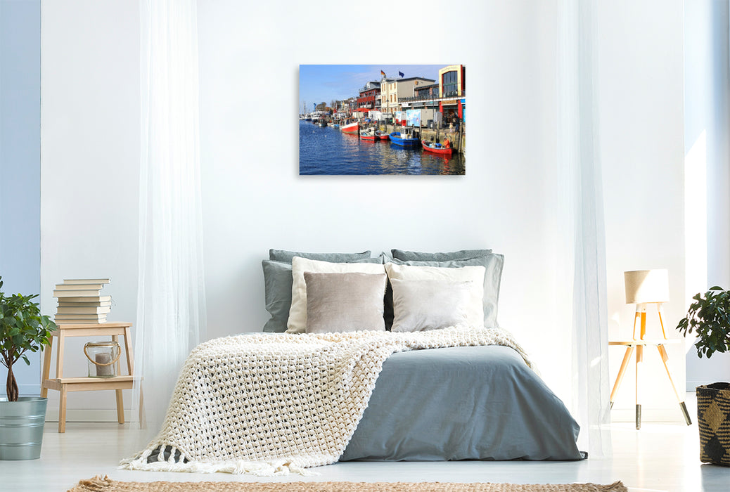 Premium Textil-Leinwand Warnemünde, Fischerboote am Alten Strom