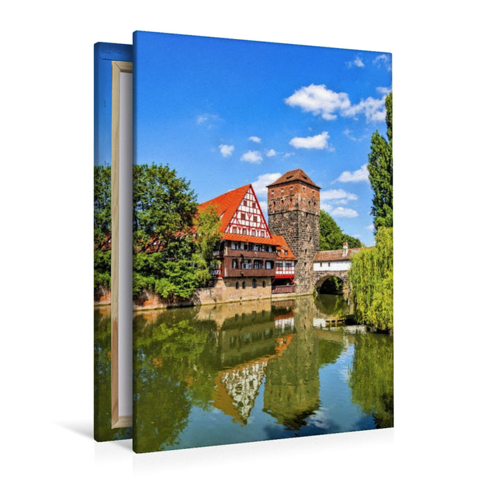 Premium Textil-Leinwand Weinstadl, der größte Fachwerkbau in Deutschland, mit Wasserturm an der Pegnitz in Nürnberg, Bayern