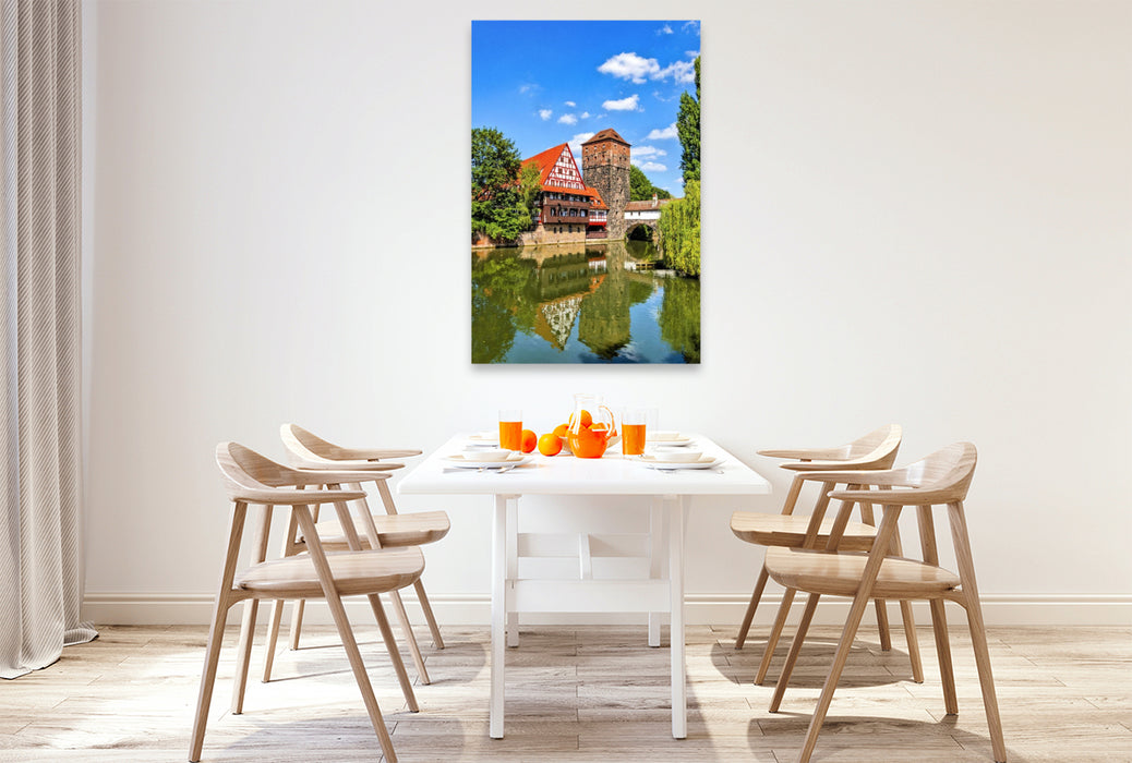 Premium Textil-Leinwand Weinstadl, der größte Fachwerkbau in Deutschland, mit Wasserturm an der Pegnitz in Nürnberg, Bayern
