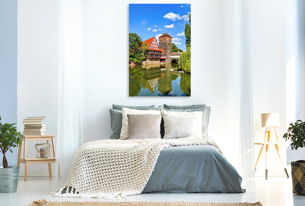 Premium Textil-Leinwand Weinstadl, der größte Fachwerkbau in Deutschland, mit Wasserturm an der Pegnitz in Nürnberg, Bayern