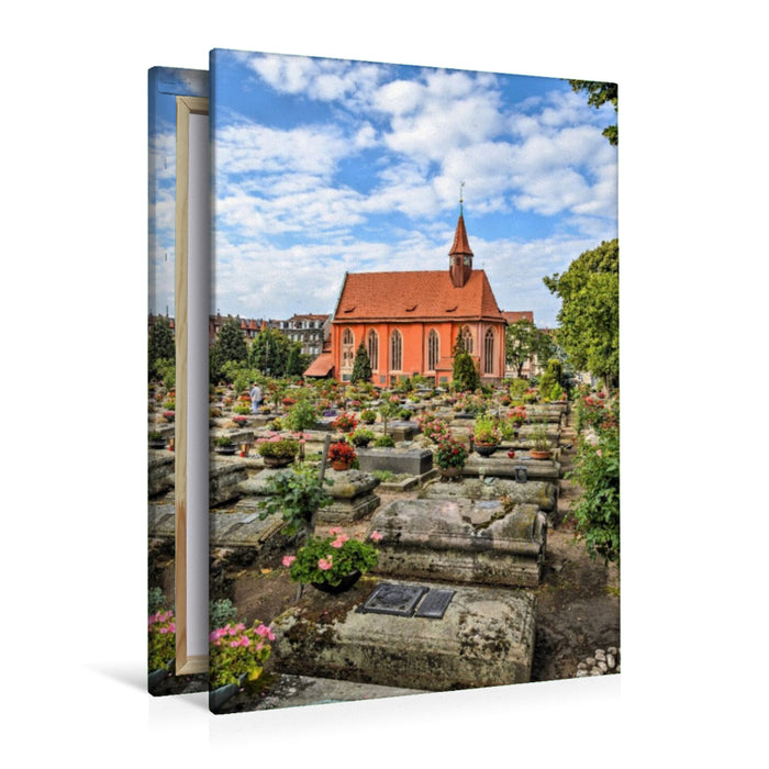 Premium Textil-Leinwand Johannisfriedhof mit historischen Grabsteinen und der aus dem13. Jahrhundert stammenden St.-Johannis-Kirche in Nürnberg, Bayern