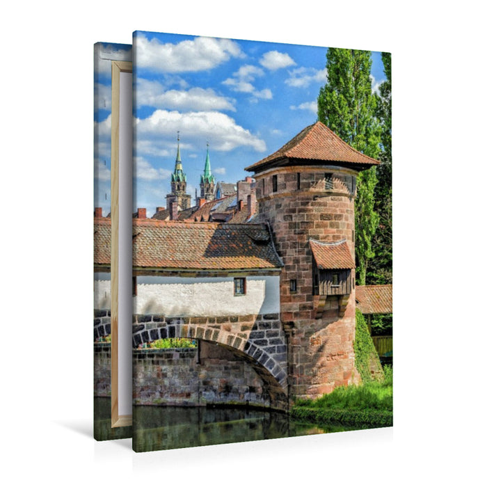 Premium Textil-Leinwand Henkerturm auf der Trödelmarktinsel mit Sandsteinbrücke (links) und Henkersteg (rechts), Nürnberg, Bayern