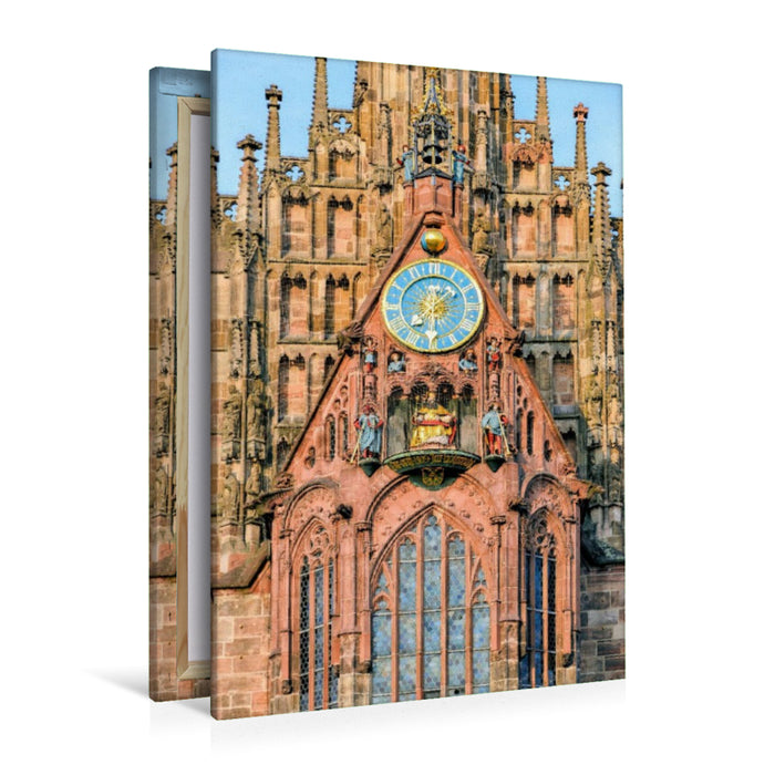 Premium Textil-Leinwand Männleinlaufen - kunstvolle astronomische Uhr am Westgiebel der Frauenkirche am Hauptmarkt in Nürnberg, Bayern