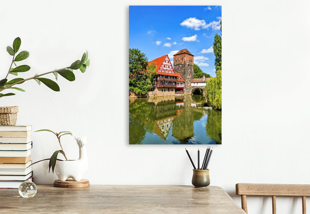 Premium Textil-Leinwand Weinstadl, der größte Fachwerkbau in Deutschland, mit Wasserturm an der Pegnitz in Nürnberg, Bayern