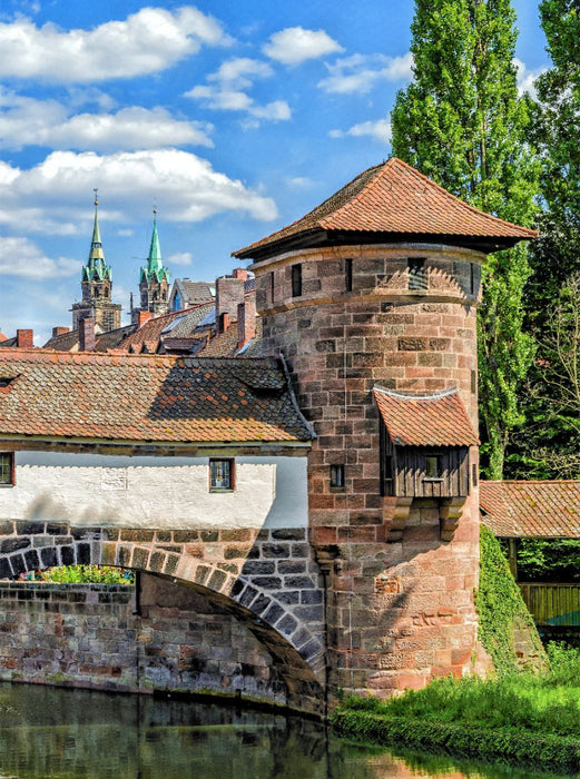 Henkerturm auf der Trödelmarktinsel mit Sandsteinbrücke (links) und Henkersteg (rechts), Nürnberg, Bayern - CALVENDO Foto-Puzzle'