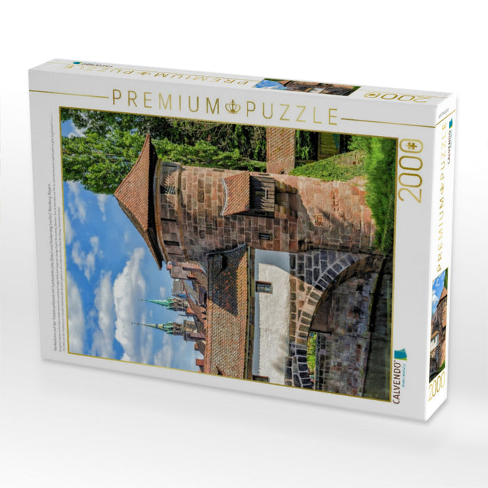 Henkerturm auf der Trödelmarktinsel mit Sandsteinbrücke (links) und Henkersteg (rechts), Nürnberg, Bayern - CALVENDO Foto-Puzzle'