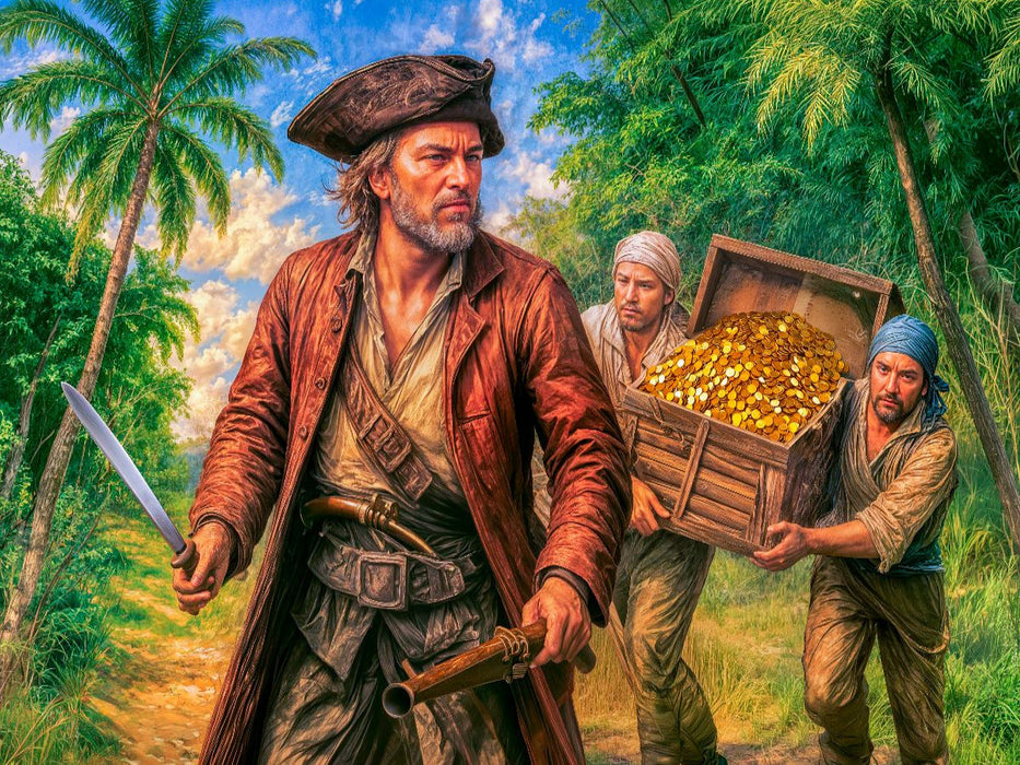 Captain Kidd mit Schatzkisten - Legendäre Piratenszene Puzzle - CALVENDO Foto-Puzzle'
