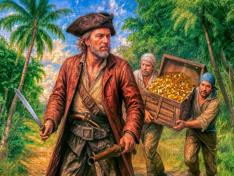 Captain Kidd mit Schatzkisten - Legendäre Piratenszene Puzzle - CALVENDO Foto-Puzzle'