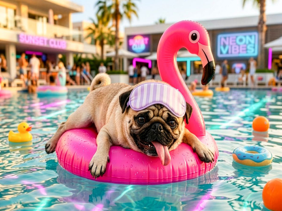 Mops auf Flamingo‑Float Puzzle - CALVENDO Foto-Puzzle'