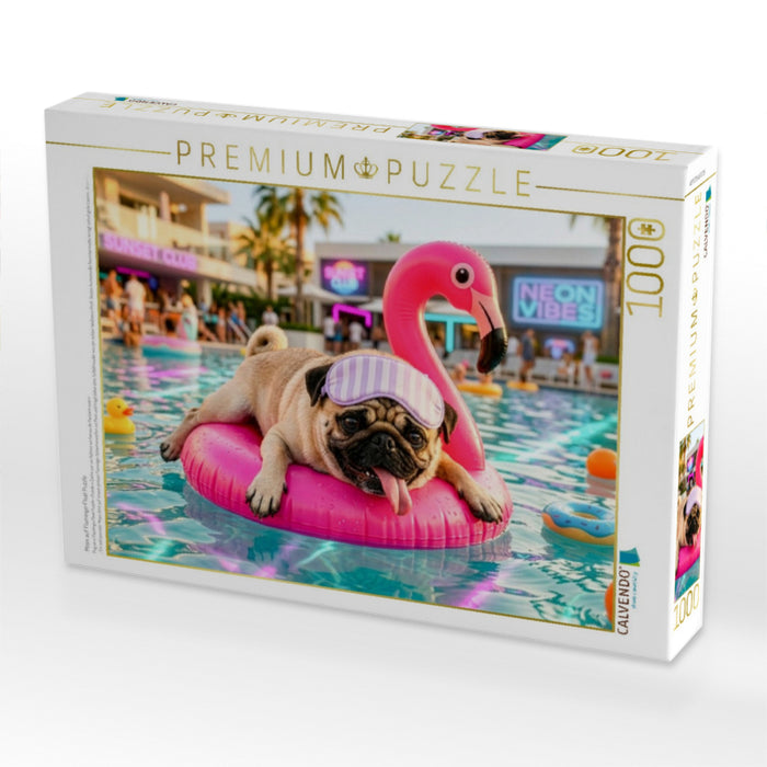 Mops auf Flamingo‑Float Puzzle - CALVENDO Foto-Puzzle'