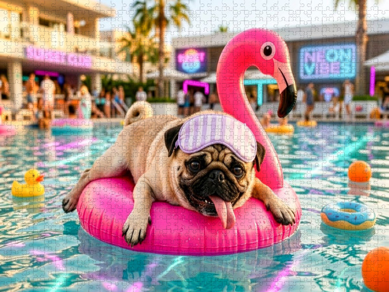 Mops auf Flamingo‑Float Puzzle - CALVENDO Foto-Puzzle'