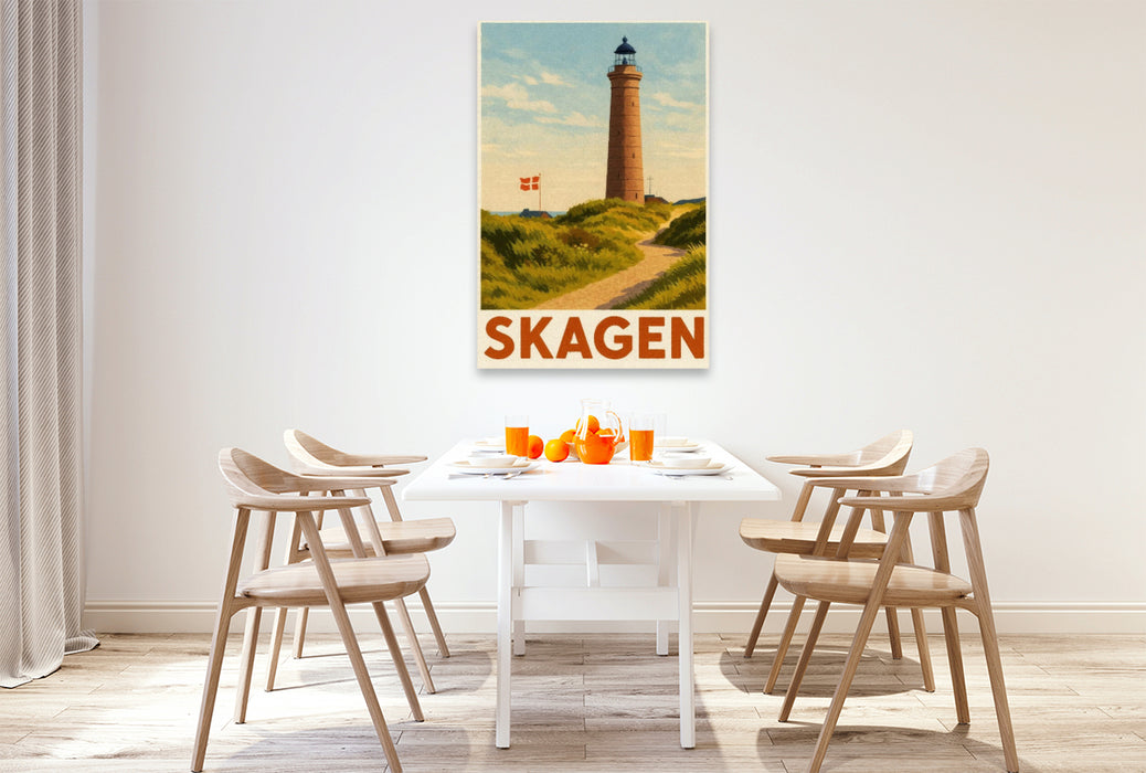 Premium Textil-Leinwand Skagen – Leuchtturm am Sandweg