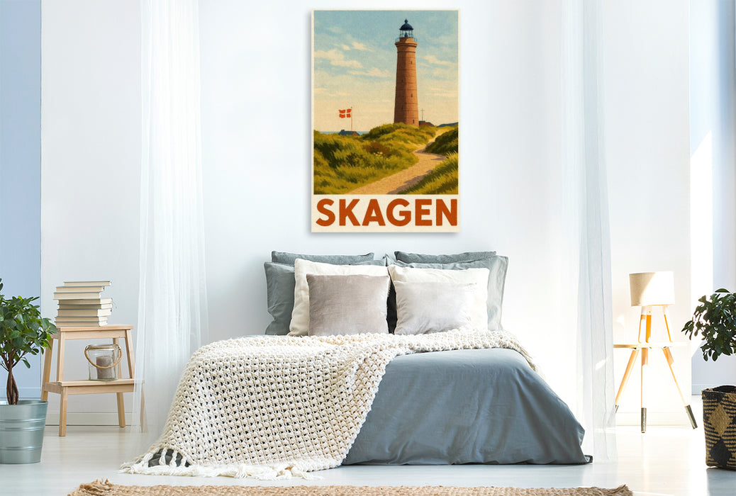 Premium Textil-Leinwand Skagen – Leuchtturm am Sandweg