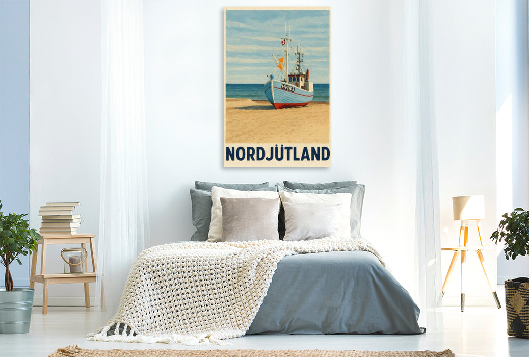 Premium Textil-Leinwand Nordjütland – Boot am Strand
