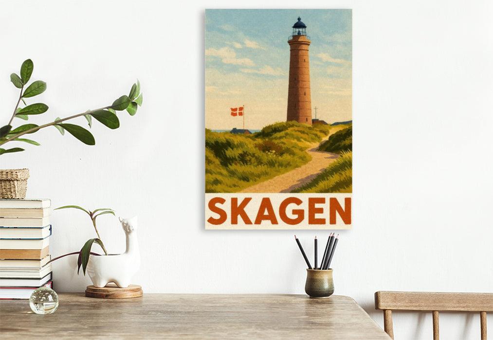 Premium Textil-Leinwand Skagen – Leuchtturm am Sandweg