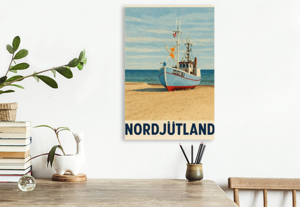 Premium Textil-Leinwand Nordjütland – Boot am Strand