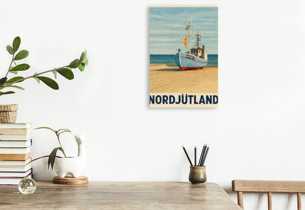 Premium Textil-Leinwand Nordjütland – Boot am Strand