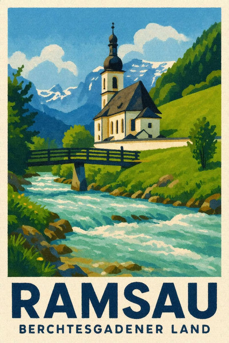 Premium Textil-Leinwand Kirche und Fluss in Ramsau