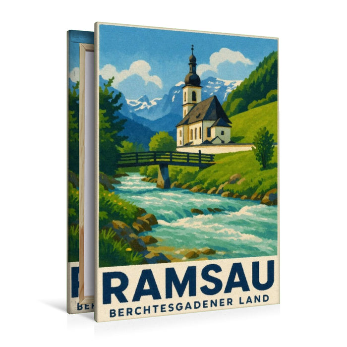 Premium Textil-Leinwand Kirche und Fluss in Ramsau