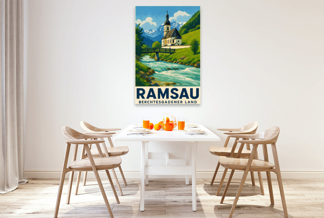 Premium Textil-Leinwand Kirche und Fluss in Ramsau