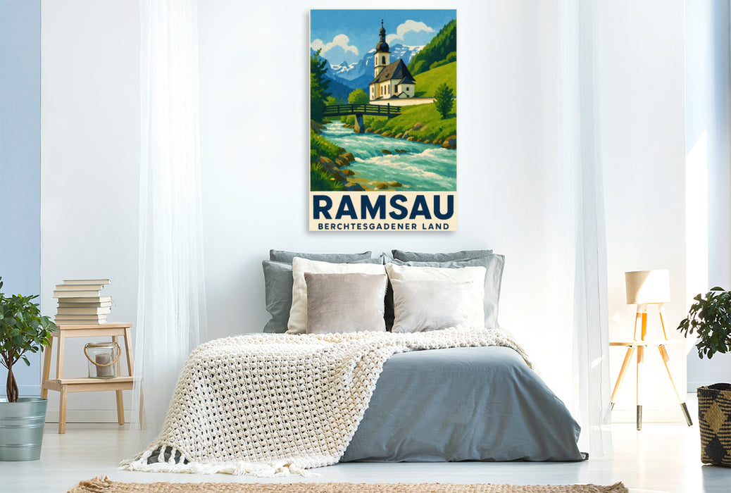 Premium Textil-Leinwand Kirche und Fluss in Ramsau