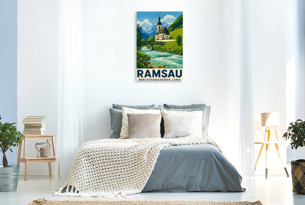 Premium Textil-Leinwand Kirche und Fluss in Ramsau