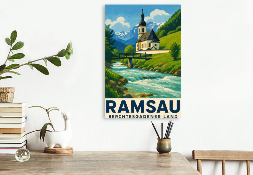 Premium Textil-Leinwand Kirche und Fluss in Ramsau