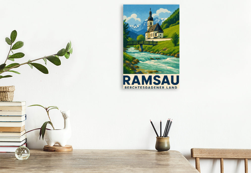 Premium Textil-Leinwand Kirche und Fluss in Ramsau