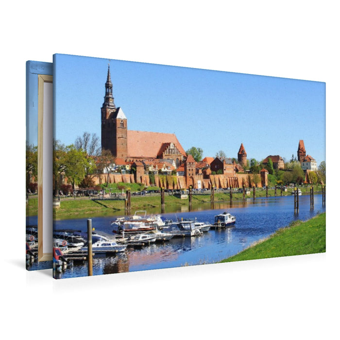 Premium Textil-Leinwand Tangermünde, Stadtsilhouette und Hafen