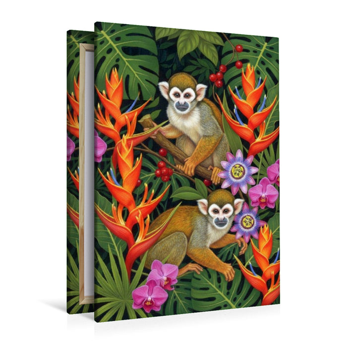 Premium Textil-Leinwand Totenkopfäffchen zwischen Blüten