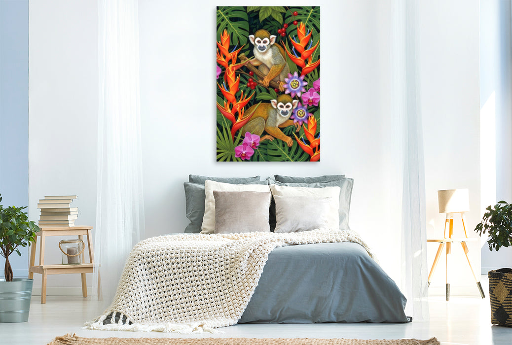 Premium Textil-Leinwand Totenkopfäffchen zwischen Blüten