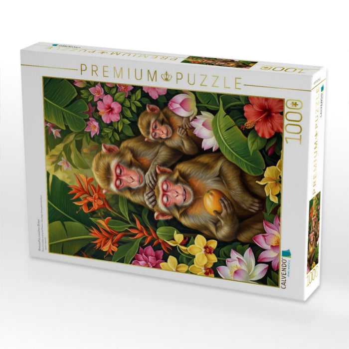 Rhesusaffen zwischen Blüten - CALVENDO Foto-Puzzle'